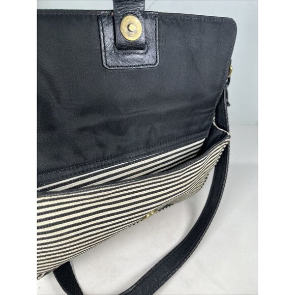 Fossil Kinley Black White Canvas Fabric Striped Brown Leather Crossbody Bag - Picture 8 of 16